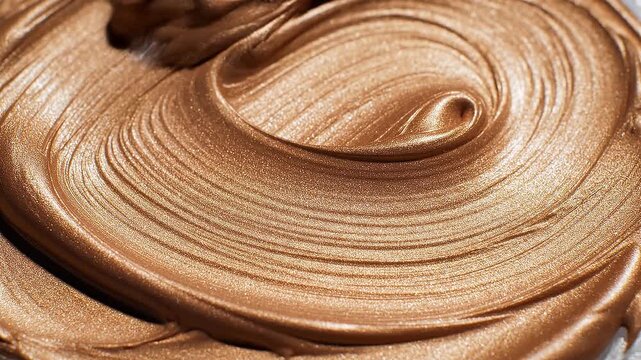 Close up of creamy bronze metallic paint texture with glossy reflective surface and smooth swirling patterns