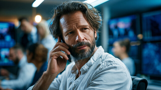 Calm hostage negotiator speaks on phone inside tense modern command center with screens and maps, focused expression, supported by a professional team