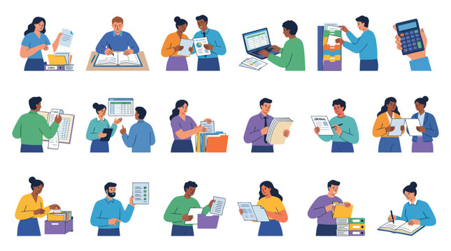 Flat Vector Illustration of Business People Managing Office Documentation and Paperwork Processes