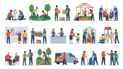 Fototapeta premium Flat Vector Icons of People Volunteering and Helping Others
