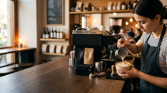 Barista pouring steamed milk into coffee for latte art in a cafe