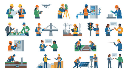 Fototapeta premium Flat Design Engineering, Construction, and Architecture Professionals Infrastructure Work Scenes Icons
