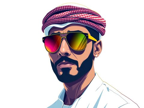 "Arab-inspired illustration of a suave individual wearing sunglasses on a white background", stylish, white