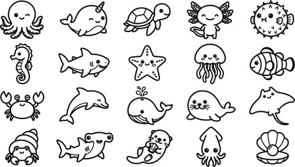 Cute Sea Animal Coloring Book Vector Icon Set with Sea Life Ocean Creatures in Thick Line Art StyleCute Sea Animal Coloring Book Vector Icon Set with Sea Life Ocean Creatures in Thick Line Art Style © Shameem