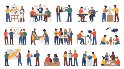 Fototapeta premium Creative Industries and Skill Development: Modern Flat Vector Illustrations of People in Workshops