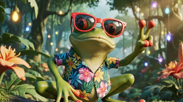 Funny cartoon frog wearing sunglasses in jungle.