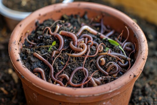 Many earthworms are crawling in a terracotta pot filled with fertile soil, indicating healthy soil for gardening activities