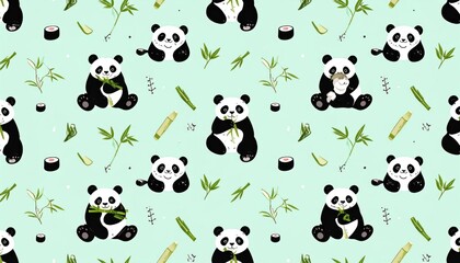 Naklejka premium Cute panda and bamboo seamless pattern on green