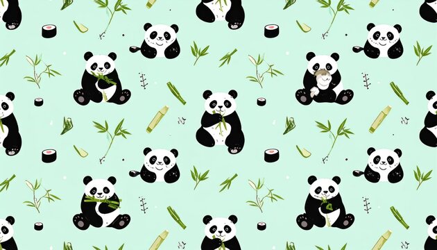 Cute panda and bamboo seamless pattern on green