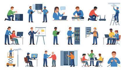 Fototapeta premium IT professionals working with computers and server racks, flat vector illustration