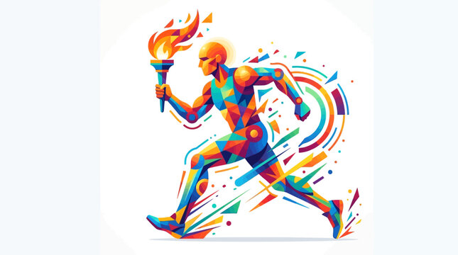 Colorful abstract illustration of runner holding torch with dynamic motion lines