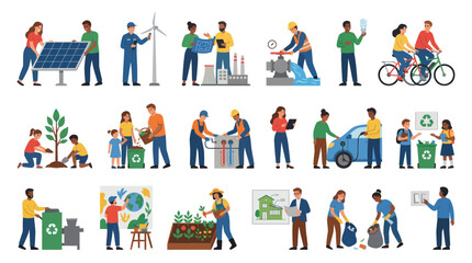 Fototapeta premium Eco-friendly living and renewable energy flat vector illustrations