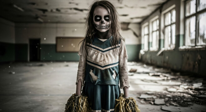Kid with skull makeup in a damaged cheerleader uniform holding pom-poms in an abandoned ruined room. Halloween zombie costume cinema idea for horror banner concept.