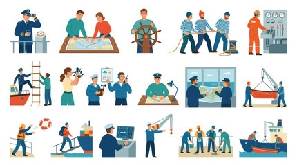 Fototapeta premium Maritime professions illustrated, depicting sailors, captains, and navy personnel in flat design