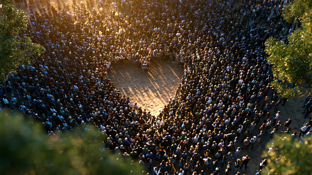 Diverse crowd in a town square forming a heart shape from above with drone perspective surrounded by green with a united community mood