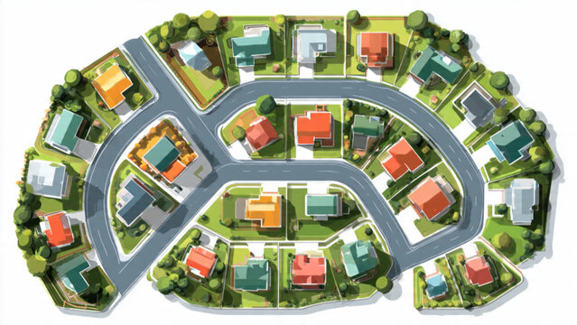 Colorful residential neighborhood with curved roads and lush greenery for urban living and community development