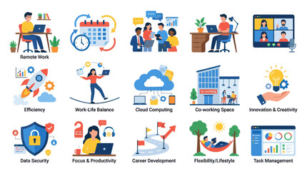 Naklejka premium Modern Business Work and Technology Icons Flat Vector Illustration Set
