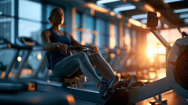 Modern gym interior at sunrise with morning light as a person in athletic wear finishes a rowing machine workout