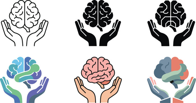 Human mind care vector asset set showing protective hands holding an anatomy brain reflecting mental health awareness intelligence and psychology