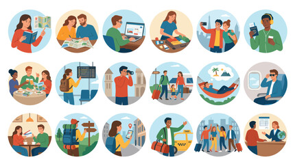 Fototapeta premium Flat Style Travel Icons: People Traveling, Vacations, Tourism, Adventures