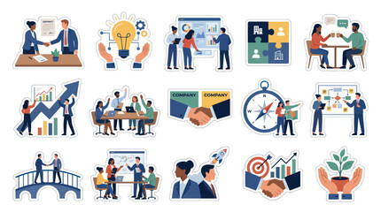 Fototapeta premium Flat Vector Business Concepts Illustrations Set Depicting Corporate Teamwork, Strategy, Growth, and Partnership
