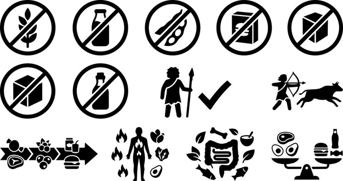Paleo Diet Restriction and Ancestral Health Silhouette Icon Set