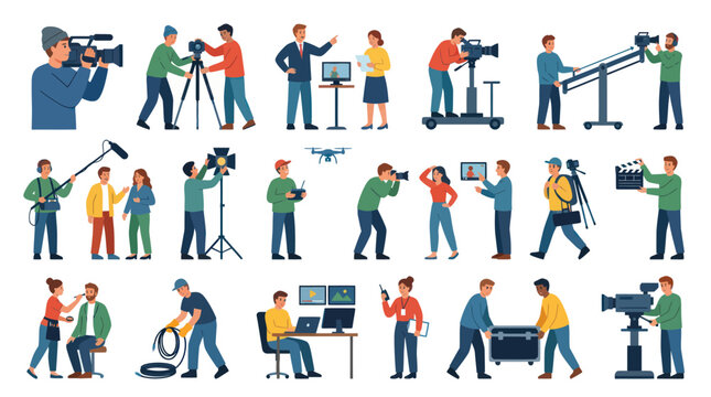 Flat Vector Illustration of Film and Video Production Crew with Professional Studio Equipment and Technology