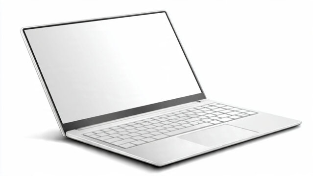 Modern silver laptop open with blank screen on white background for technology and business use