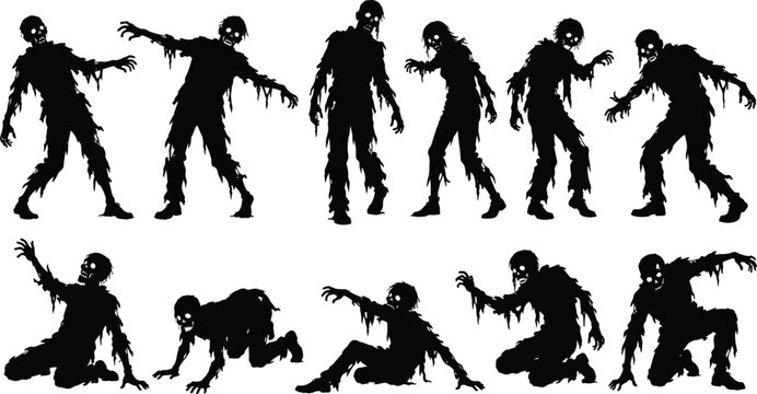 Zombie Silhouettes Collection Black Vector Illustration On White Background