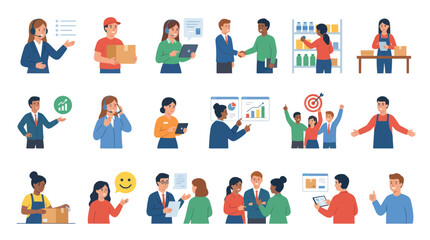Fototapeta premium Diverse Business Professionals in Flat Style - Marketing, Delivery, Support