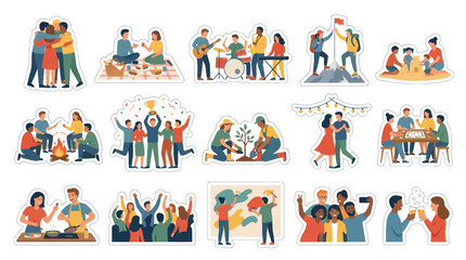 Fototapeta premium Happy Friends Celebrating Together, Picnic, Music, Sports, Outdoor Activities Flat Illustrations