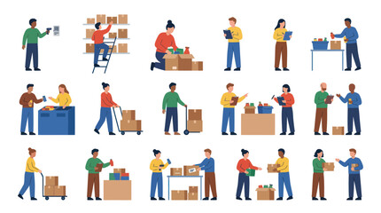 Fototapeta premium Flat Vector Illustration: Logistics, E-commerce, and Warehouse Operations with People Handling Packages