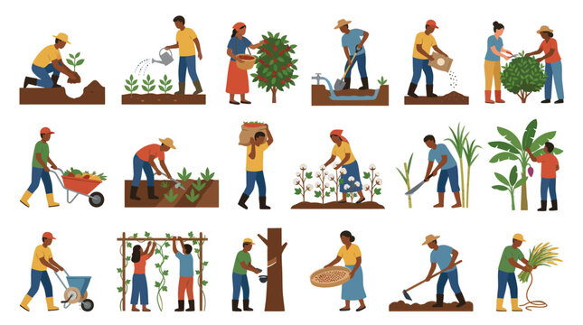 Farmers Working in Agriculture: Flat Vector Illustration Set of Farming Activities and Crops