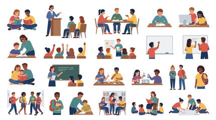 Fototapeta premium Diverse People Learning and Teaching in Flat Vector Education Illustration Set: School, Students, Teachers, Classroom