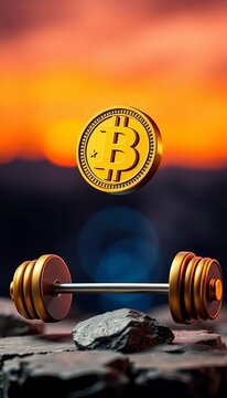 Barbell with digital currency symbol rising above it, currency, exercise