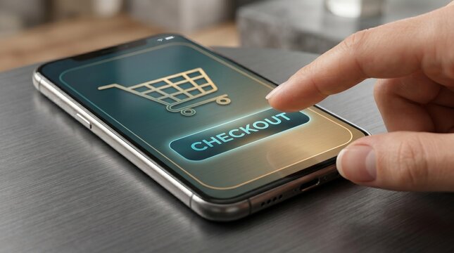 Finger pressing a checkout button on a smartphone screen showing a shopping cart icon to finalize an online purchase in a modern digital retail setting