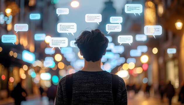 Person amidst floating speech bubbles in city.