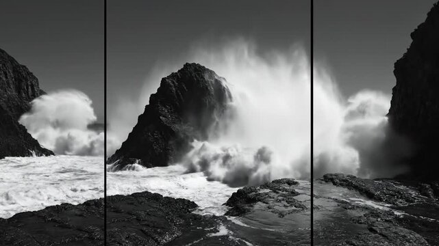 Black and white landscape of rocky coastline and waves.
