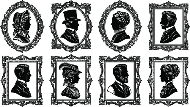 Silhouette Portraits In Ornate Frames Black And White Vector Illustration