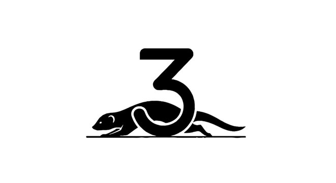 Black and white illustration of a mouse and number three.