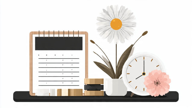 Cute desk decor with flower clock notebook and coffee cup in modern workspace