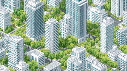 Obraz premium aerial view of modern cityscape with tall buildings and lush green trees in downtown urban environment