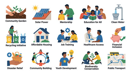Fototapeta premium Flat Design Vector Icons Set of Social and Environmental Initiatives, Community Development Sustainability Concepts