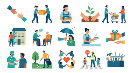 Fototapeta premium Volunteering and Community Service Flat Vector Illustrations. Social Responsibility, Charity Helping Hands Concepts