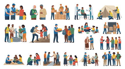 Fototapeta premium Charity Volunteering Flat Vector Illustrations. People Helping Community, Humanitarian Aid Social Services.