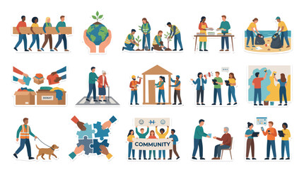Fototapeta premium Flat Design Vector Illustrations of Community Service, Volunteerism, Charity, and Social Support Activities