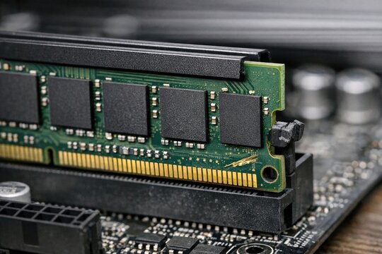 Close-up shot of a memory chip on a motherboard, suitable for technology and computer-related projects