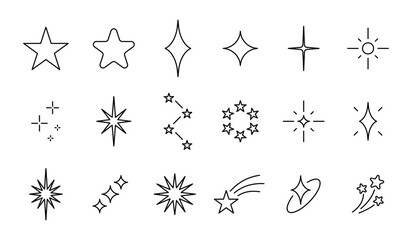 Black outline star and sparkle icon set illustration with twinkle symbols, magic shine elements, comet trails and celestial decorative shapes isolated for stickers, clipart © Mirikiteki