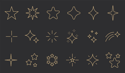 Gold outline star and sparkle icon set with twinkle symbols, magic wand shine elements, celestial decorative shapes and shooting star trails isolated on dark background for vector design © Mirikiteki