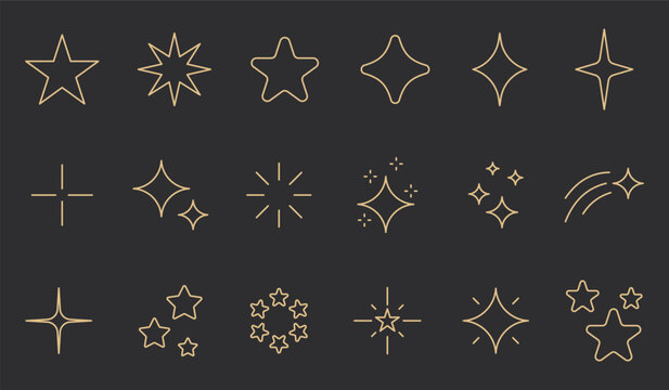 Gold outline star and sparkle icon set with twinkle symbols, magic wand shine elements, celestial decorative shapes and shooting star trails isolated on dark background for vector design